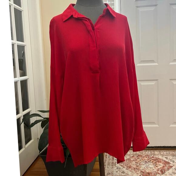 Cos Red Textured Half Placket Button Popover Relaxed Fit Tunic Blouse Medium - Picture 6 of 14